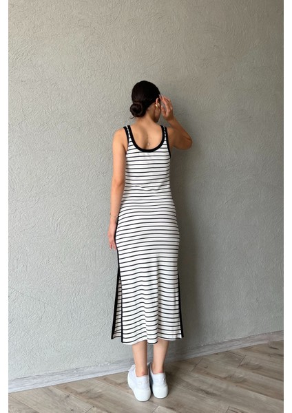 Beyaz Siyah Çizgili L Muadili Kadın Straight Fit Siyah Elbise fırsatları