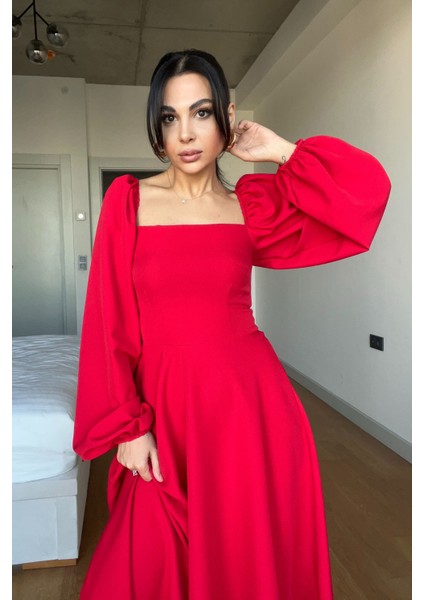 Kırmızı Zernes Balon Kol Midi Elbise