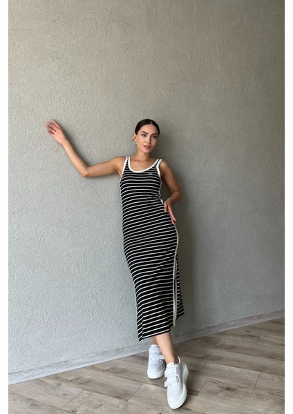 Siyah Beyaz Çizgili L Muadili Kadın Straight Fit Lacivert Elbise