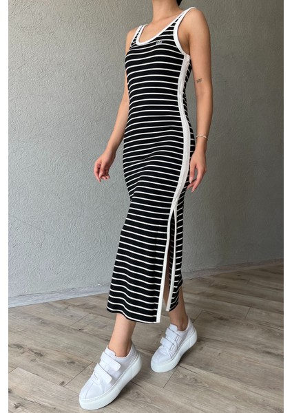 Siyah Beyaz Çizgili L Muadili Kadın Straight Fit Lacivert Elbise modelleri