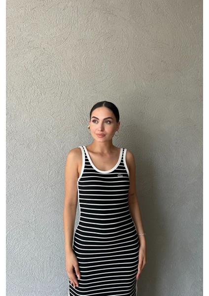 Siyah Beyaz Çizgili L Muadili Kadın Straight Fit Lacivert Elbise fırsatları