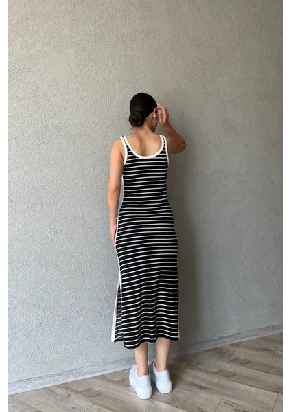 Siyah Beyaz Çizgili L Muadili Kadın Straight Fit Lacivert Elbise indirimleri