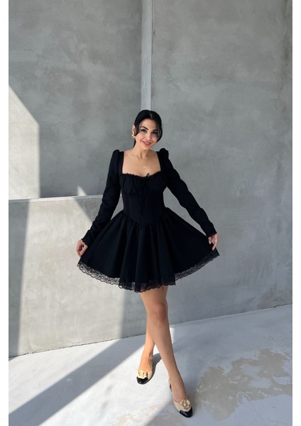 Siyah Dream Korse Detaylı Uzun Kollu Elbise