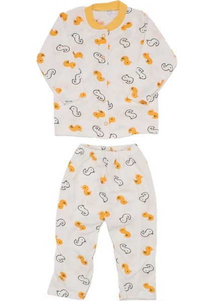 Ekru Sarı Ördekli Çıtçıtlı Pijama Takımı - 1015349
