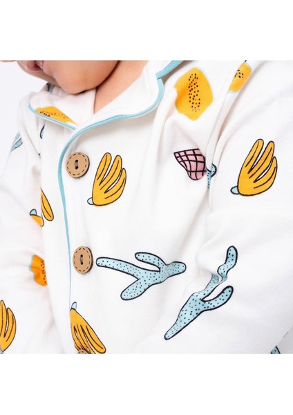 Ekru Yeşil Turuncu Yaprak Kaktüs Desenli Kruvaze Yaka Pijama Takımı - 1015407