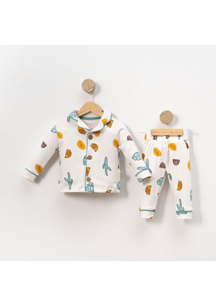 Ekru Yeşil Turuncu Yaprak Kaktüs Desenli Kruvaze Yaka Pijama Takımı - 1015407