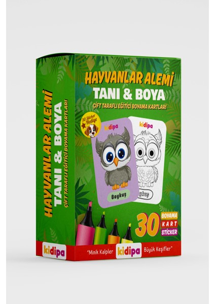 | Hayvanlar Alemi Tanı & Boya - Çift Taraflı Eğitici Boyama Kartları 30 Sticker Hediye