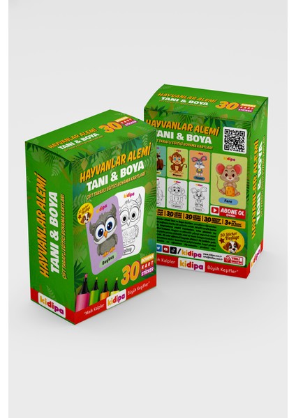 | Hayvanlar Alemi Tanı & Boya - Çift Taraflı Eğitici Boyama Kartları 30 Sticker Hediye