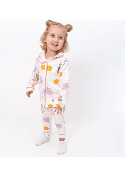 Kız Çocuk Ekru Turuncu Lila Çicek Tavşanlı Desenli Kruvaze Yaka Pijama Takımı - 1015406