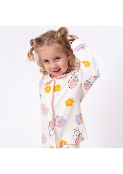 Kız Çocuk Ekru Turuncu Lila Çicek Tavşanlı Desenli Kruvaze Yaka Pijama Takımı - 1015406