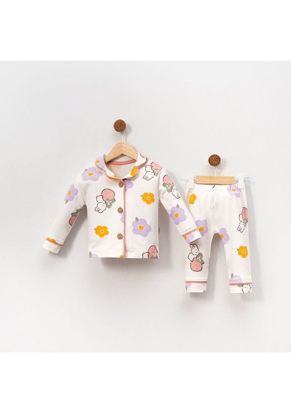 Kız Çocuk Ekru Turuncu Lila Çicek Tavşanlı Desenli Kruvaze Yaka Pijama Takımı - 1015406