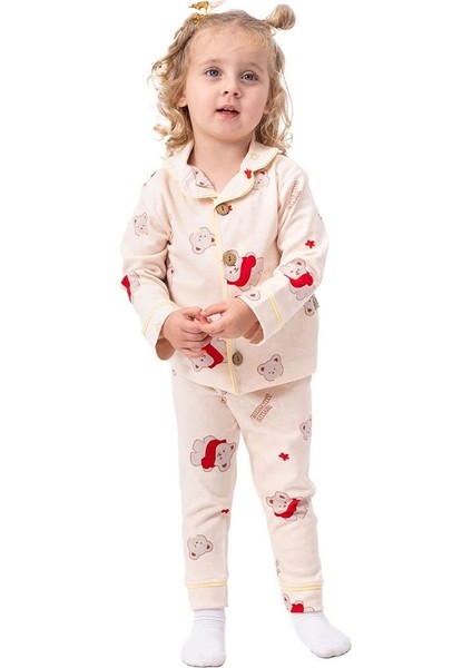 Somon Sarı Biyeli Kırmızı Ayıcık Desenli Kruvaze Yaka Pijama Takımı - 1015408