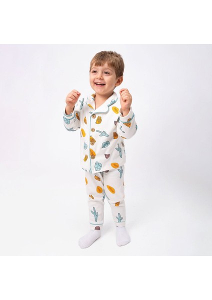 Ekru Yeşil Turuncu Yaprak Kaktüs Desenli Kruvaze Yaka Pijama Takımı - 1015407