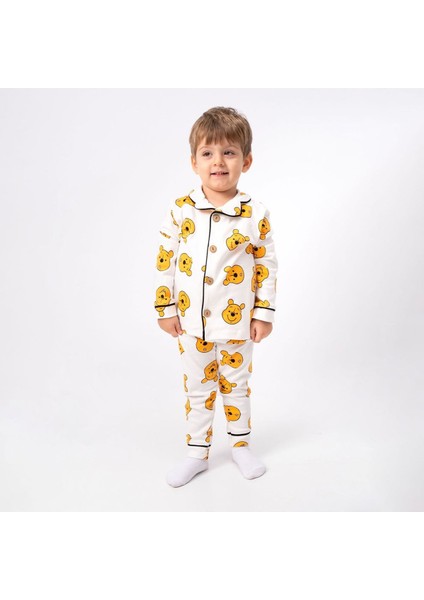 Ekru Sarı Ayıcık Desenli Kruvaze Yaka Pijama Takımı - 1015411