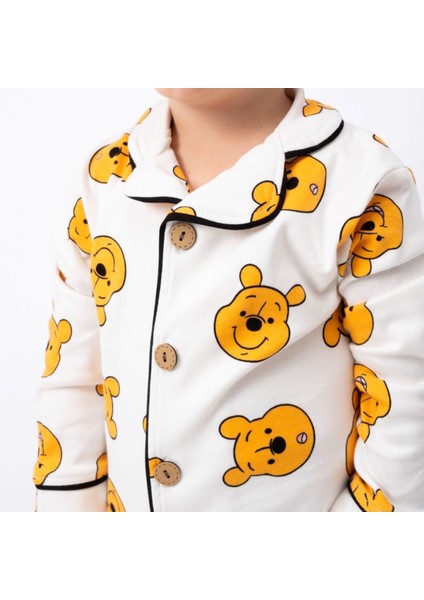 Ekru Sarı Ayıcık Desenli Kruvaze Yaka Pijama Takımı - 1015411