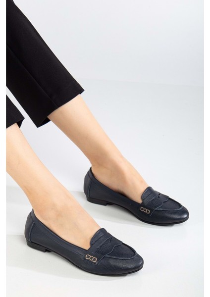 Kadın Deri Saraçlı Rahat Babet - Lacivert