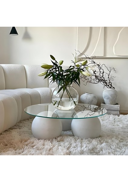 Modern Orta Sehpa & Cam Sehpa & Küre Sehpa & Top Sehpa - Yuvarlak Cam & Beyaz Ayak