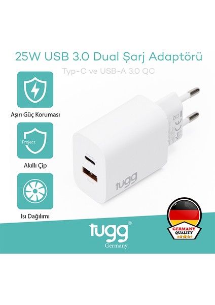 Akıllı Şarj Başlık 25W Isı ve Akım Korumalı Hızlı Turbo Sarj USB+Type-C Çift Girişli 104406