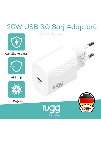 Akıllı Şarj Başlık 20W Isı ve Akım Korumalı Hızlı Sarj Type-C Girişli 104405