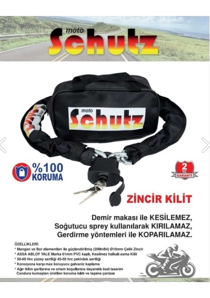 Kesilmez Motosiklet Çelik Zincir Kilit 10 mm x 150 Cm /180 cm/ 200 cm