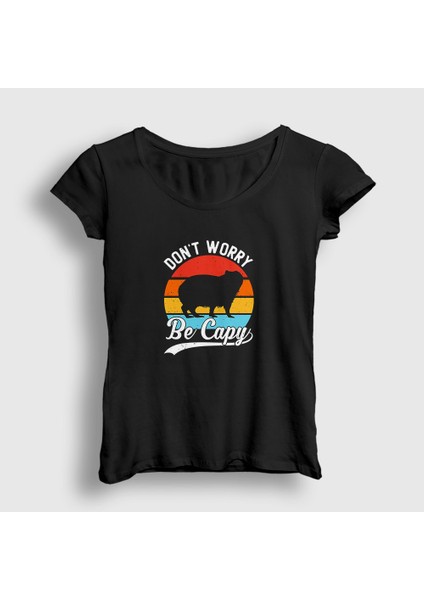 Kadın Siyah Don't Worry Be Capy Capybara T-Shirt