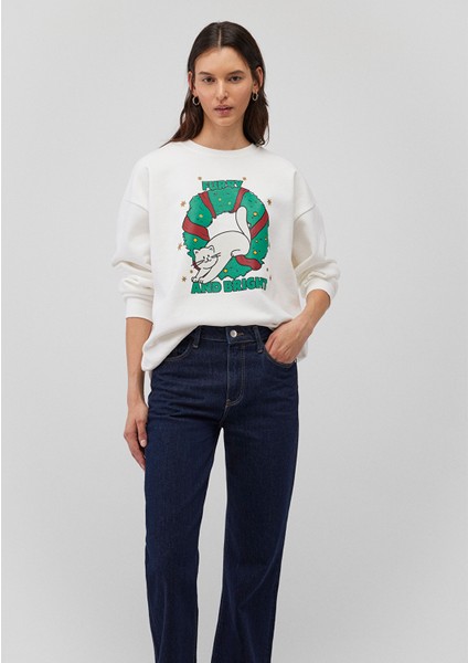 Yılbaşı Kedi Baskılı Beyaz Sweatshirt 1S10332-70057 fiyatları