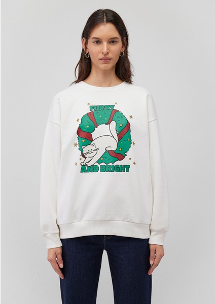 Yılbaşı Kedi Baskılı Beyaz Sweatshirt 1S10332-70057 modelleri