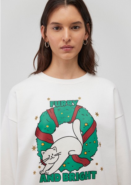 Yılbaşı Kedi Baskılı Beyaz Sweatshirt 1S10332-70057 indirimleri