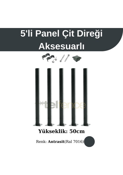 50CM Antrasit Panel Çit Direği Aksesuarlı (5 Adet)