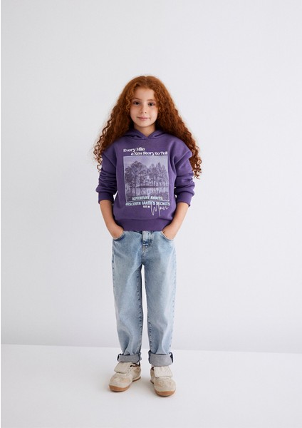 Kapüşonlu Baskılı Mor Sweatshirt 7S10054-88135