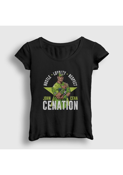 Kadın Siyah Cenation V2 Güreş Wwe John Cena T-Shirt