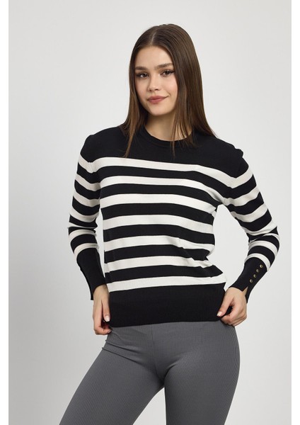 24346 Çizgili Kol Düğme Detay Kazak Siyah