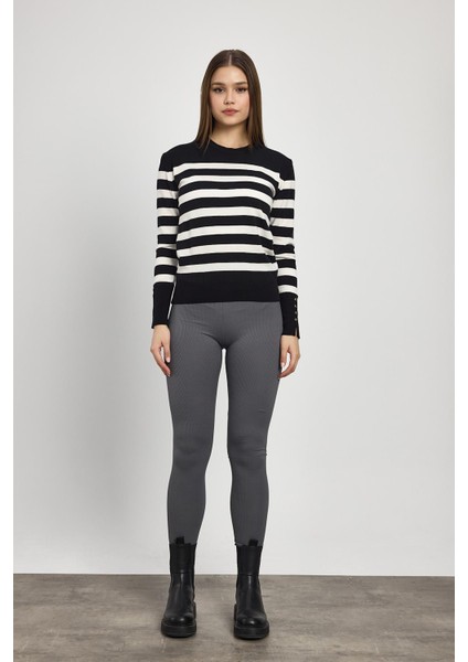 24346 Çizgili Kol Düğme Detay Kazak Siyah fiyatları