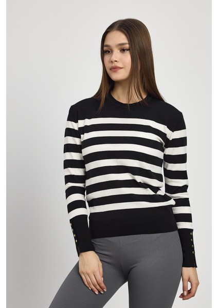 24346 Çizgili Kol Düğme Detay Kazak Siyah modelleri