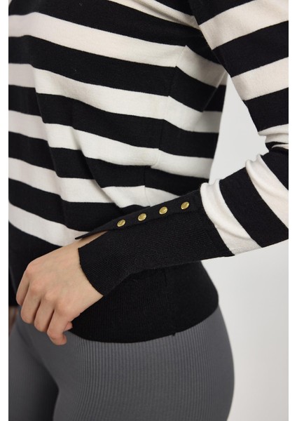 24346 Çizgili Kol Düğme Detay Kazak Siyah fırsatları