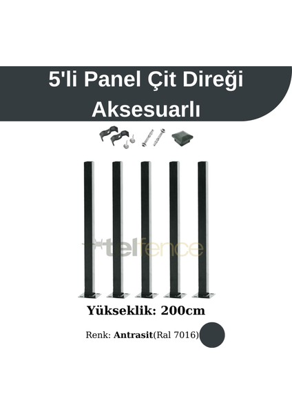 200CM Antrasit Panel Çit Direği Aksesuarlı (5 Adet)