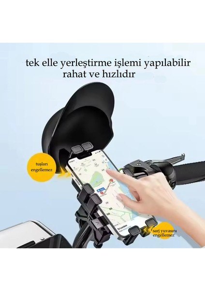 Otomatik Tuşlu Şapkalı Motorsiklet Bisiklet Telefon Tutacağı Ayna ve Gidon Bağlantılı