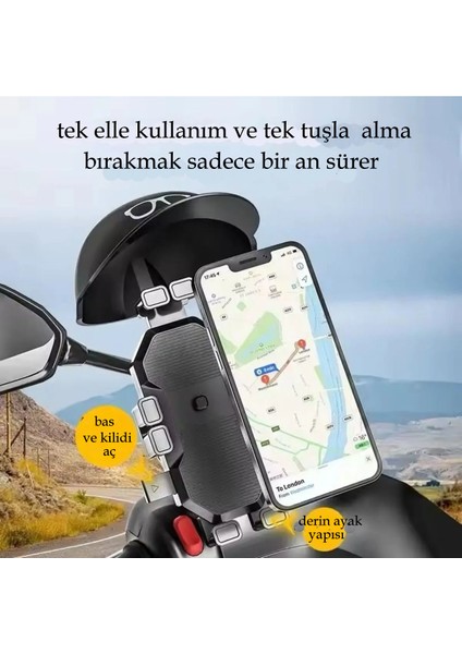 Otomatik Tuşlu Şapkalı Motorsiklet Bisiklet Telefon Tutacağı Ayna ve Gidon Bağlantılı