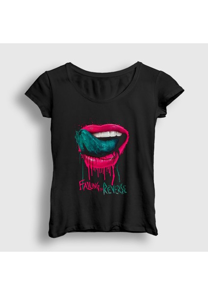 Kadın Siyah Tongue Dil Dudak Falling In Reverse T-Shirt