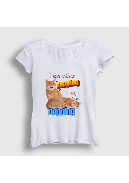 Kadın Beyaz Yapping Hediye Turuncu Kedi Kedili T-Shirt