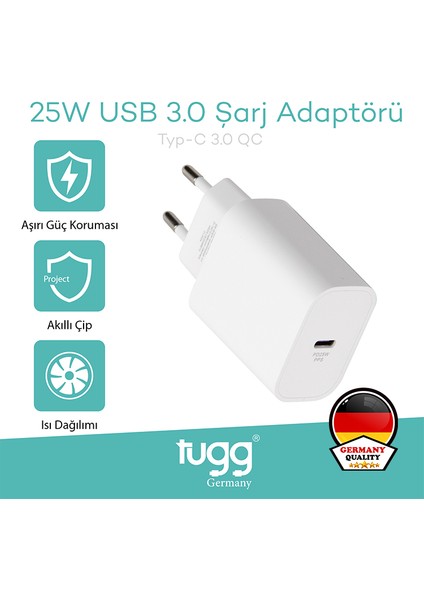 Akıllı Şarj Başlık 25W Isı ve Akım Korumalı Hızlı Turbo Sarj Type-C Girişli 104404