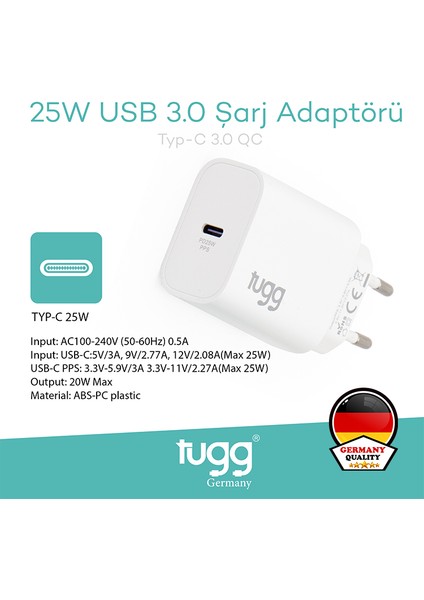Akıllı Şarj Başlık 25W Isı ve Akım Korumalı Hızlı Turbo Sarj Type-C Girişli 104404