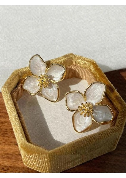 Dört Yapraklı Beyaz-Gold Küpe