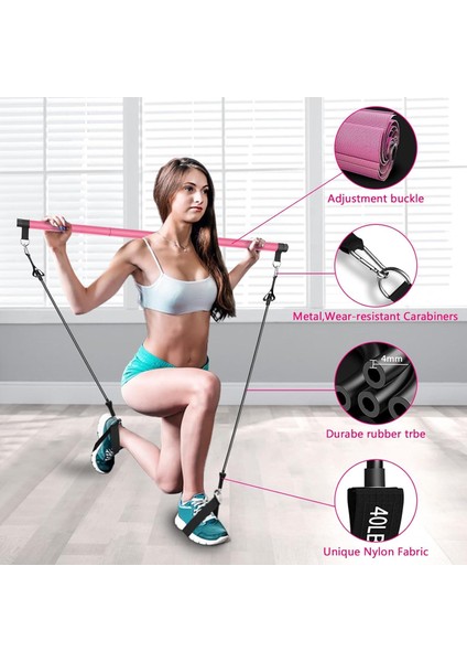4 Lastikli Kaliteli Pilates Bar Egzersiz Çubuğu Ayarlanabilir Zorluk Evde Spor Squat Kademeli Çantalı Kolay Kurulum