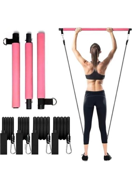 4 Lastikli Kaliteli Pilates Bar Egzersiz Çubuğu Ayarlanabilir Zorluk Evde Spor Squat Kademeli Çantalı Kolay Kurulum