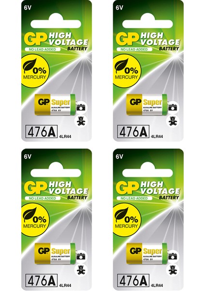 GP476A Süper Alkalin 476A/PX28A/A544/4LR44 Boy Pil, 6 Volt, Tekli Kart 4 Adet Pil