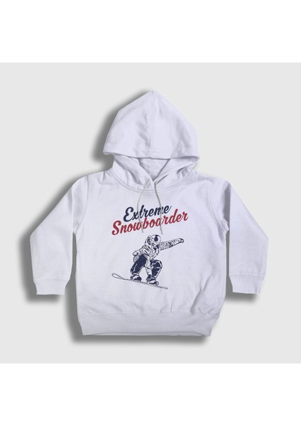 Unisex Çocuk Beyaz Extreme Snowboarder Hediye Kayak Kapüşonlu Sweatshirt