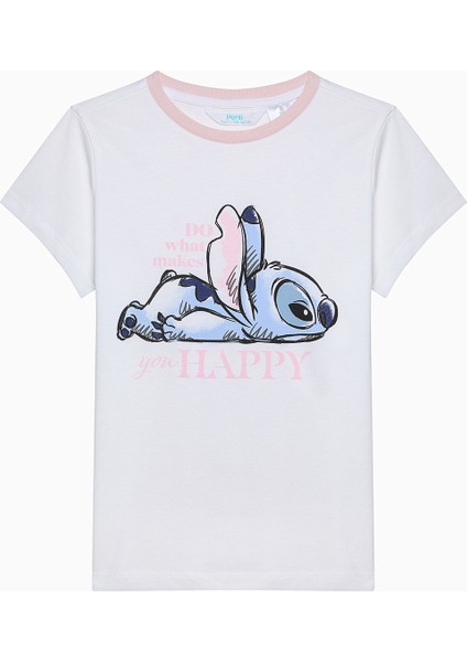 Pamuklu Kız Çocuk Stitch Optik Beyaz Pamuklu Pijama Takımı - Stitch Koleksiyonu
