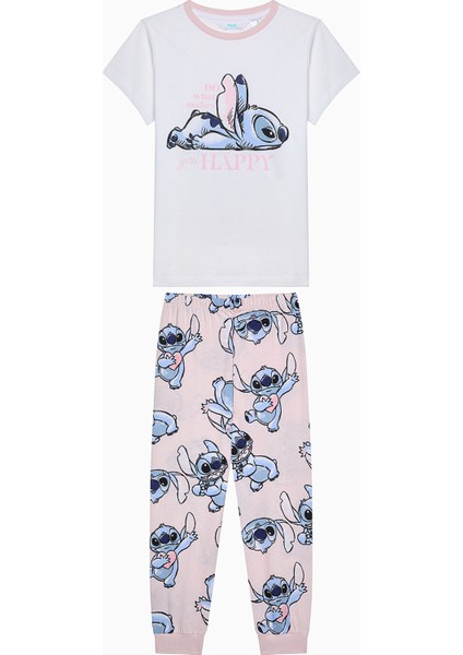 Pamuklu Kız Çocuk Stitch Optik Beyaz Pamuklu Pijama Takımı - Stitch Koleksiyonu