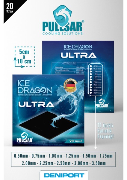 Ice Dragon® Ultra Thermal/Termal Pad - 100x50 mm Boyut, 0,75 mm Kalınlık, 20.0 W/m-K İletkenlik, Yüksek Performans ve İletken Termal Pad !